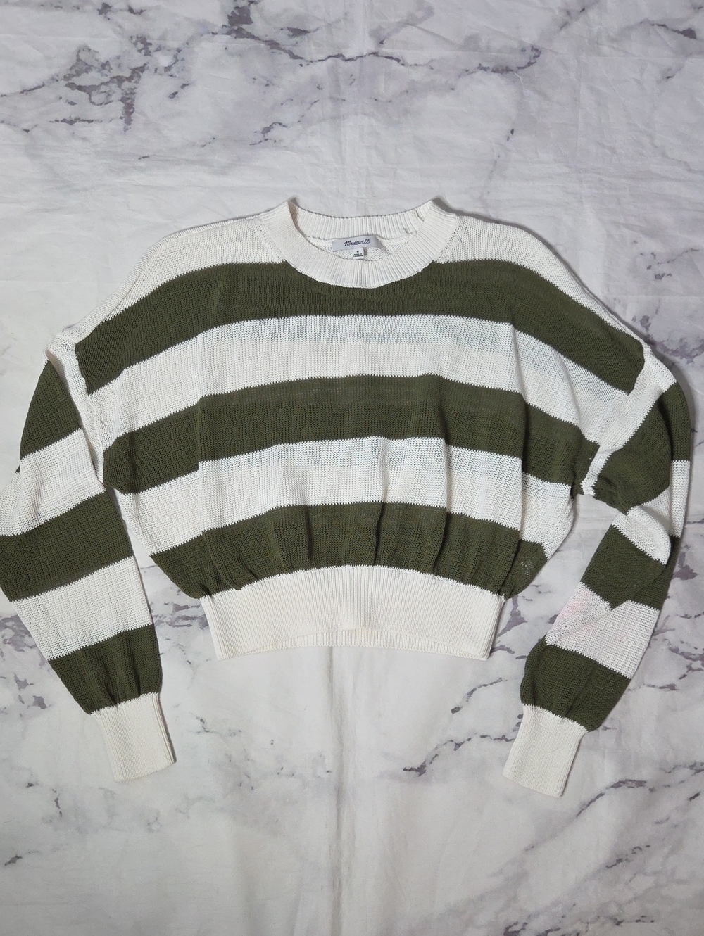 Madewell Loose Knit Crew Neck Green & White Striped Sweater